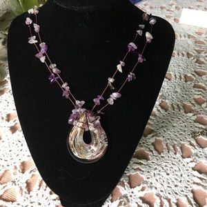 2 Strand Amethyst Necklace with Glass Pendant and Earrings